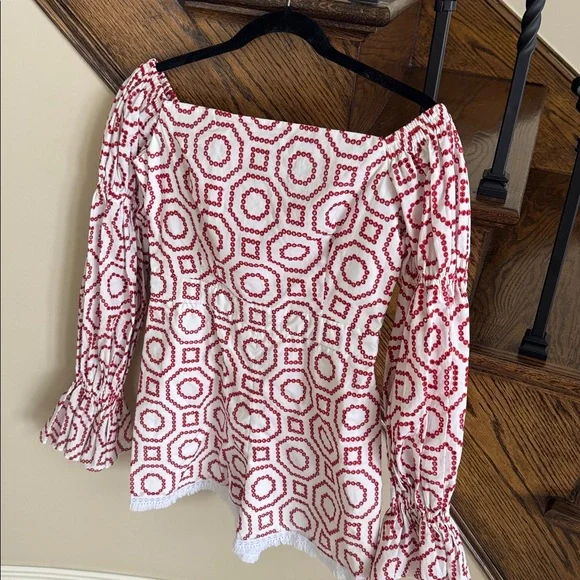 Alexis embroidered white red ruffle sleeve fringe hem red romper size small s - Picture 7 of 7